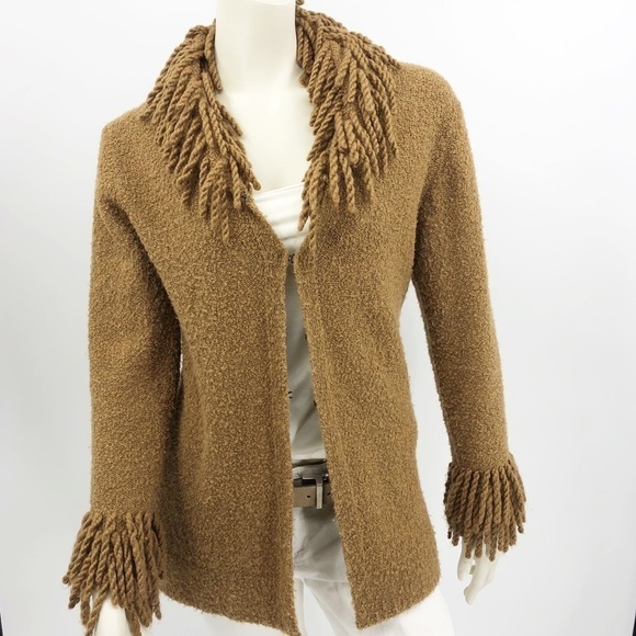Lucidity Women’s M Cardigan Sweater Tan Fringe Wool Blend Long Sleeve RN# 75343 - Picture 2 of 13